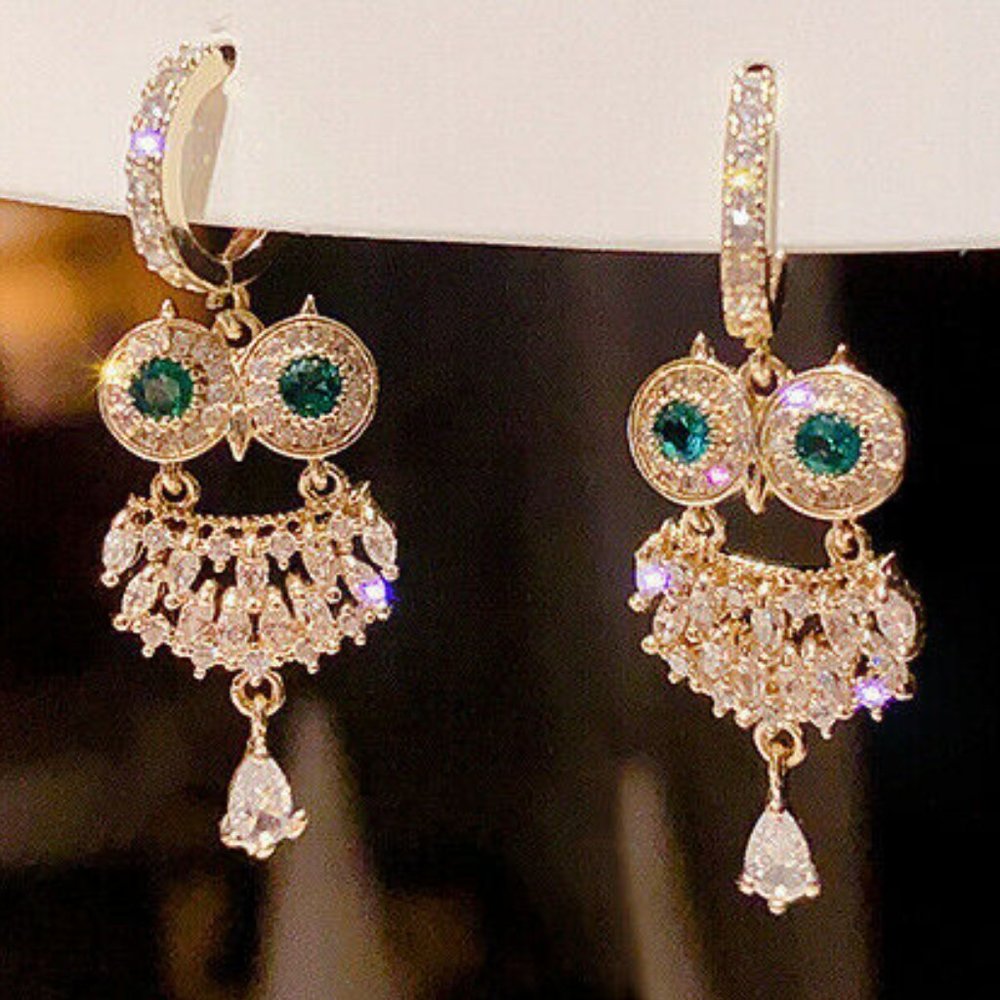 Owl Earrings Green Eyes Rhinestones 925 Silver Gold Vermeil Pierced NWT - Picture 2 of 4